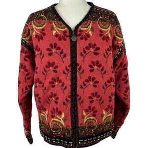 Icelandic Design Full Zip Jacket Wool 3D Knit Textured Floral Vintage Lined L